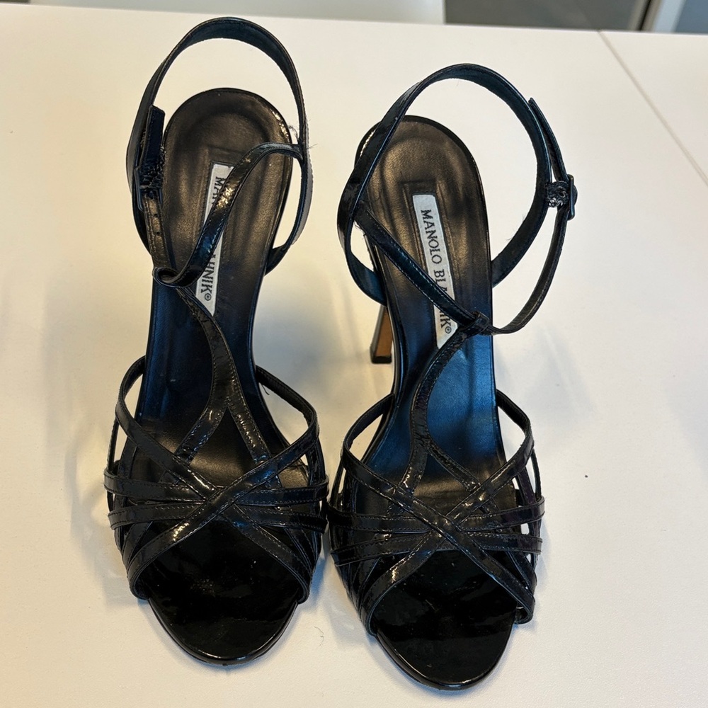 Manolo Blahnik Glossy Black Strappy Heels